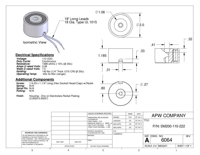 EM200-110-222 - Round Electromagnet 2 inch Dia. 110 volts DC - Holding 140 lbs. image 1