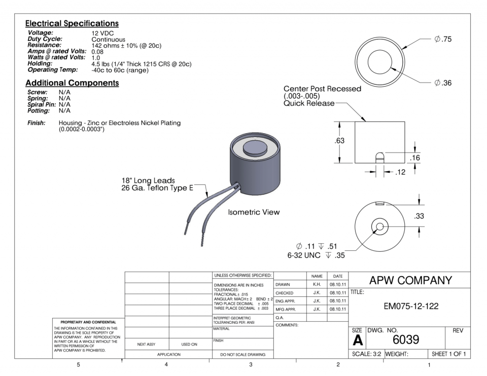 EM075-12-122 - Round Electromagnet 0.75 inch Dia. 12 volts DC - Holding 4.5 lbs. image 1