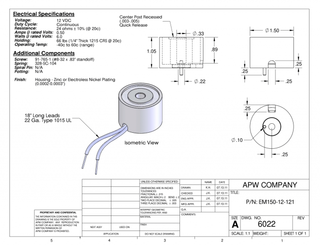 EM150-12-121 - Round Electromagnet 1.5 inch Dia. 12 volts DC - Holding 66 lbs. image 1