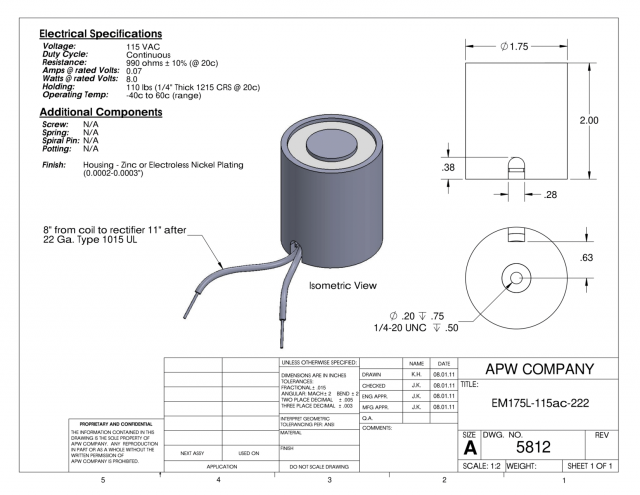 EM175L-115ac-222 - Round Electromagnet 1.75 inch Dia. 115 volts AC - Holding 110 lbs. image 1