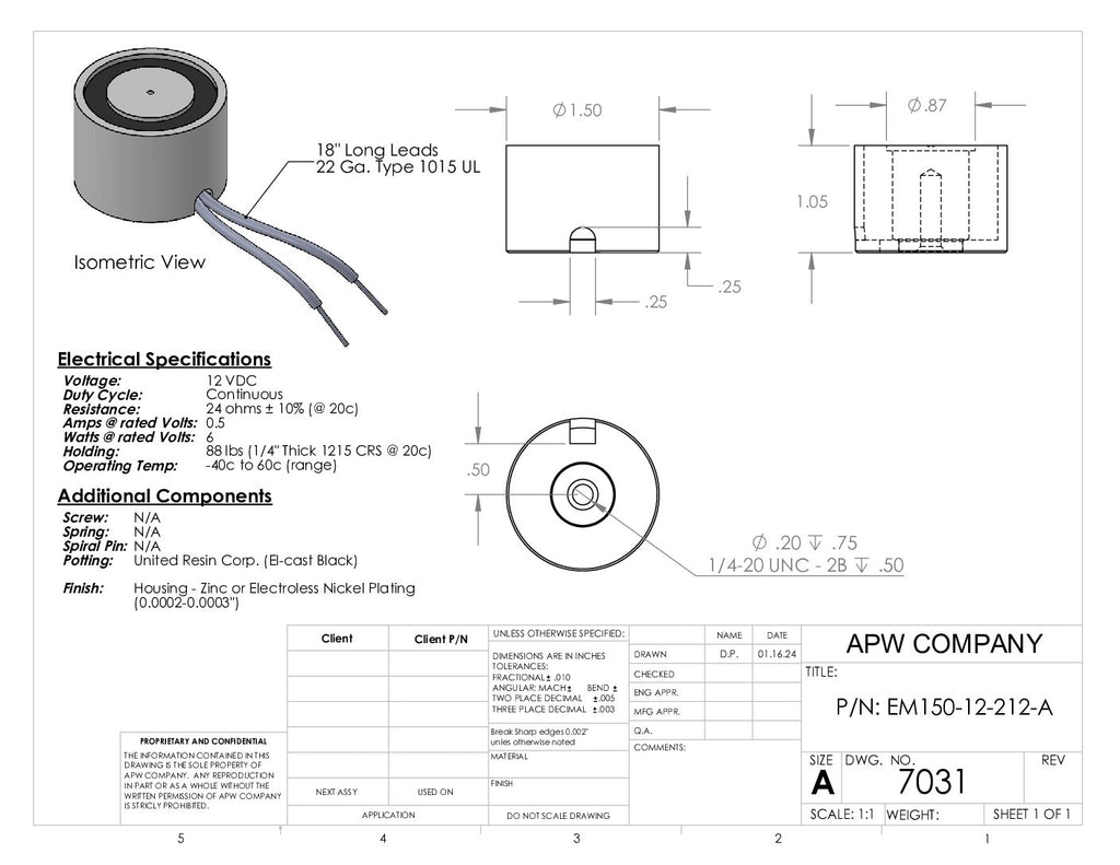 EM150-12-212-A - Round Electromagnet 1.5 inch Dia. 12 VDC - Holding 88 lbs. image 1