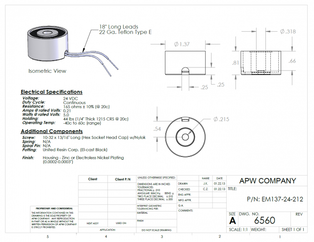 EM137-24-212 - Round Electromagnet 1.375 inch Dia. 24 volts DC - Holding 44 lbs. image 1