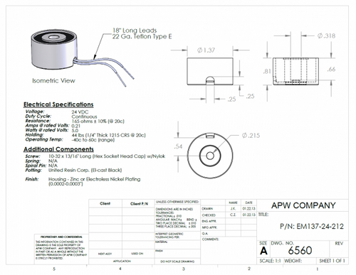 EM137-24-212 - Round Electromagnet 1.375 inch Dia. 24 volts DC - Holding 44 lbs. image 1
