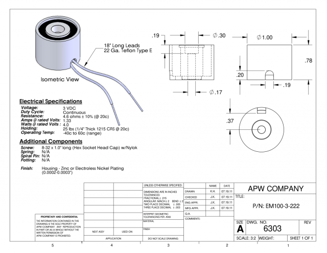 EM100-3-222 - Round Electromagnet 1 inch Dia. 3 volts DC - Holding 25 lbs. image 1