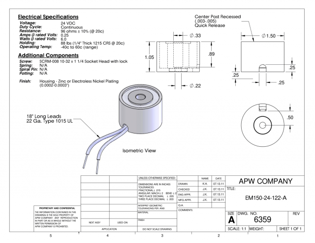 EM150-24-122-A - Round Electromagnet 1.5 inch Dia. 24 volts DC - Holding 66 lbs. image 1