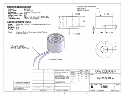 EM150-24-122-A - Round Electromagnet 1.5 inch Dia. 24 volts DC - Holding 66 lbs. image 1