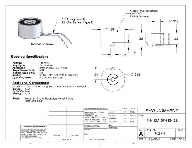 EM137-115-122 - Round Electromagnet 1.375 inch Dia. 115 volts DC - Holding 33 lbs. image 1