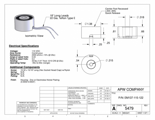 EM137-115-122 - Round Electromagnet 1.375 inch Dia. 115 volts DC - Holding 33 lbs. image 1