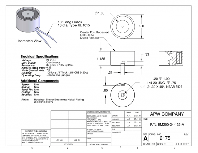 EM200-24-122-A - Round Electromagnet 2 inch Dia. 24 volts DC - Holding 105 lbs. image 1