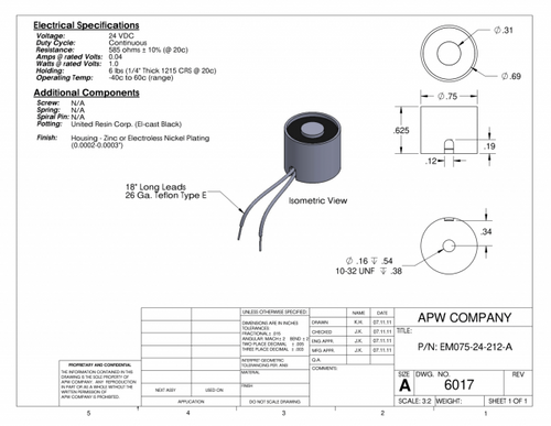EM075-24-212-A - Round Electromagnet 0.75 inch Dia. 24 volts DC - Holding 6 lbs. image 1