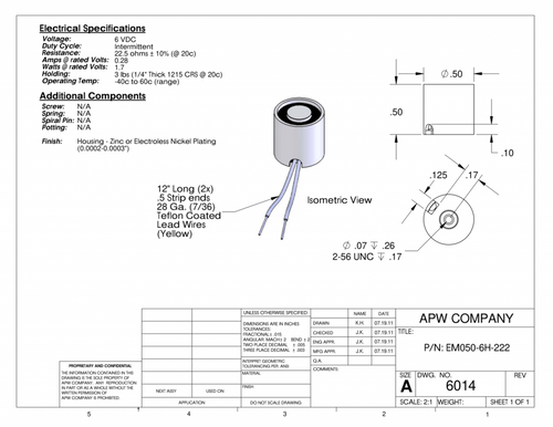 EM050-6H-222 - Round Electromagnet 0.5 inch Dia. 6 volts DC - Holding 3 lbs. image 1