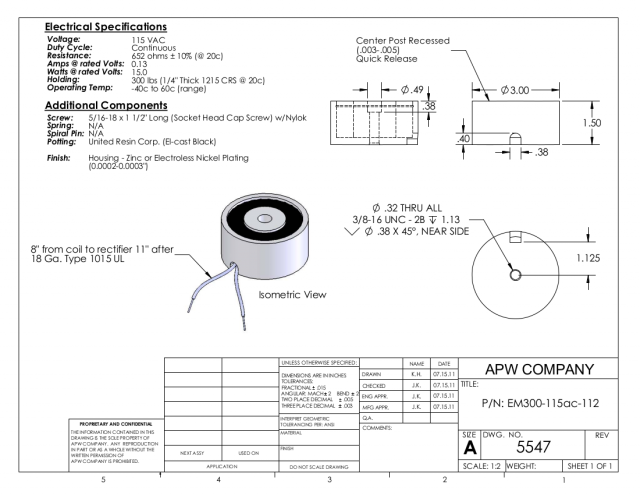 EM300-115ac-112 - Round Electromagnet 3 inch Dia. 115 volts AC - Holding 300 lbs. image 1