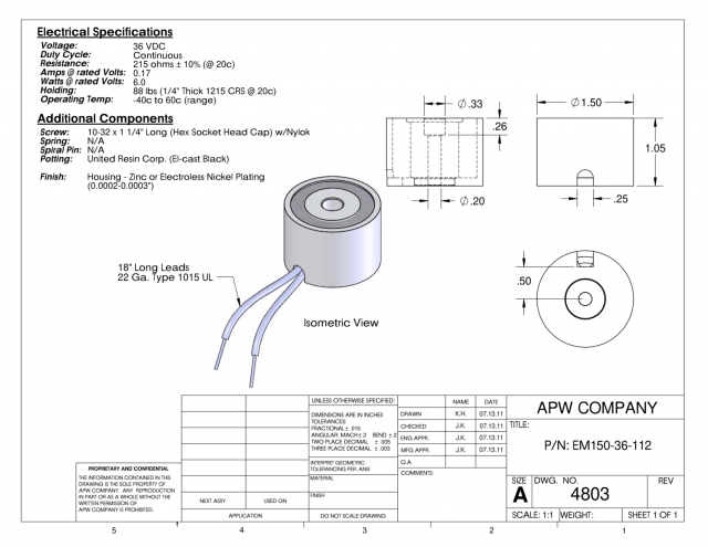 EM150-36-212 - Round Electromagnet 1.5 inch Dia. 36 volts DC - Holding 88 lbs. image 1