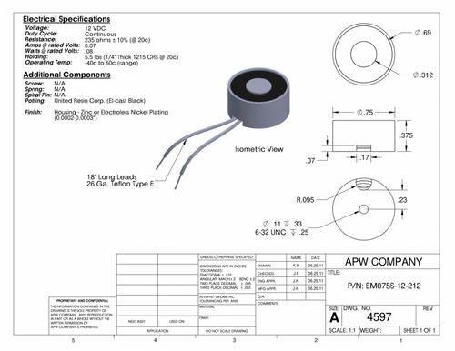 EM075S-12-212 - Round Electromagnet 0.75 inch Dia. 12 volts DC - Holding 5.5 lbs. image 1