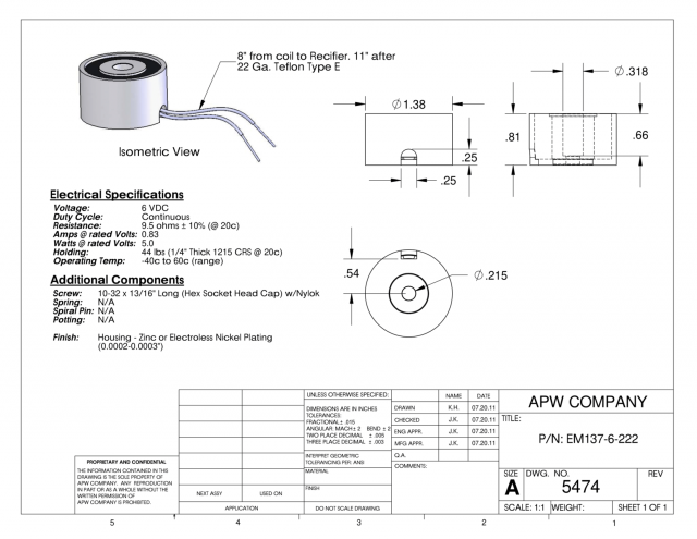 EM137-6-222 - Round Electromagnet 1.375 inch Dia. 6 volts DC - Holding 44 lbs. image 1