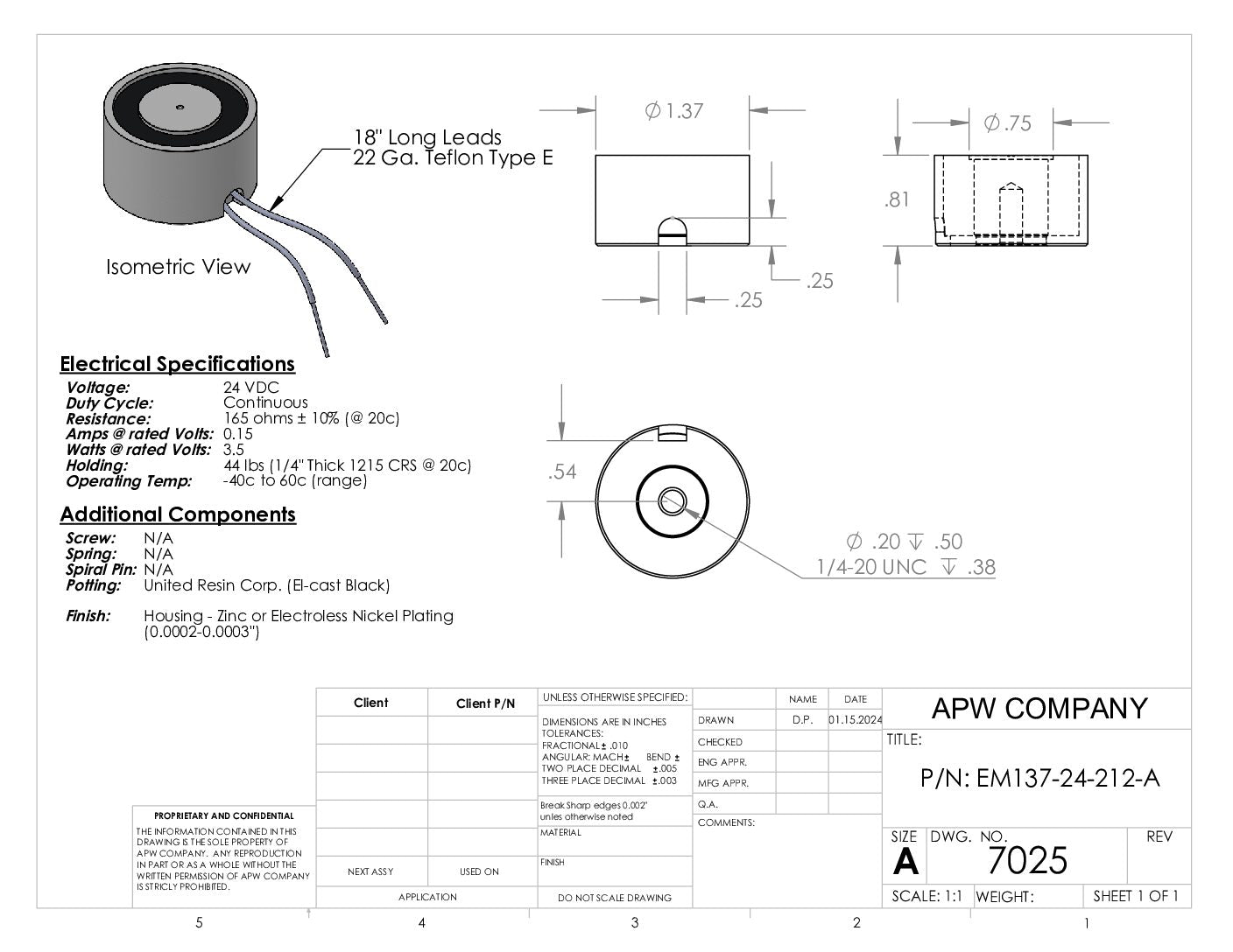 EM137-24-212-A - Round Electromagnet 1.375 inch Dia. 24 VDC - Holding 44 lbs. image 1