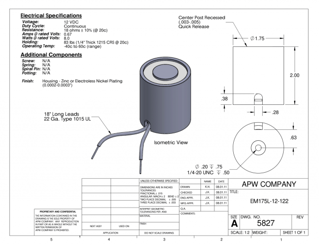 EM175L-12-122 - Round Electromagnet 1.75 inch Dia. 12 volts DC - Holding 83 lbs. image 1