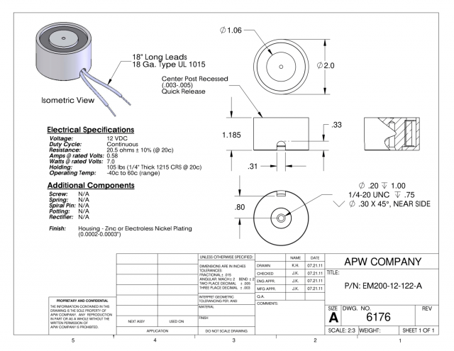 EM200-12-122-A - Round Electromagnet 2 inch Dia. 12 volts DC - Holding 105 lbs. image 1