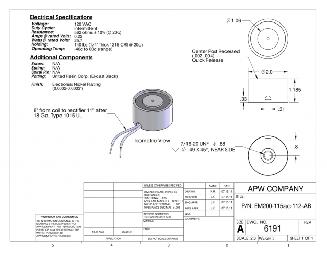 EM200-115ac-112-AB - Round Electromagnet 2 inch Dia. 115 volts AC - Holding 140 lbs. image 1