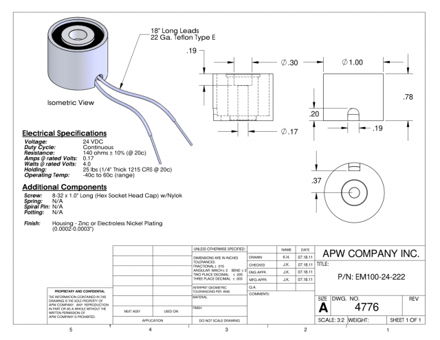 EM100-24-222 - Round Electromagnet 1 inch Dia. 24 volts DC - Holding 25 lbs. image 1