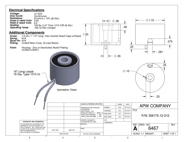 EM175-12-212 - Round Electromagnet 1.75 inch Dia. 12 volts DC - Holding 100 lbs. image 1