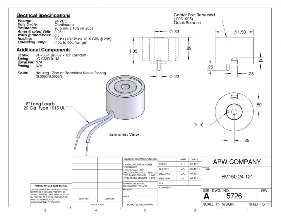 EM150-24-121 - Round Electromagnet 1.5 inch Dia. 24 volts DC - Holding 66 lbs. image 1