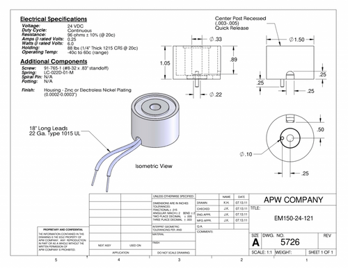 EM150-24-121 - Round Electromagnet 1.5 inch Dia. 24 volts DC - Holding 66 lbs. image 1