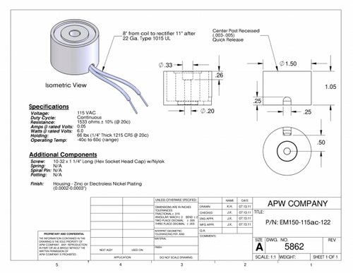EM150-115ac-122 - Round Electromagnet 1.5 inch Dia. 115 volts AC - Holding 66 lbs. image 1