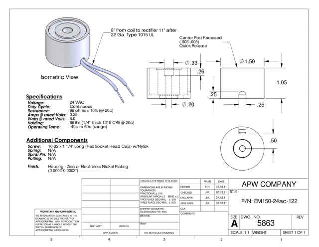 EM150-24ac-122 - Round Electromagnet 1.5 inch Dia. 24 volts AC - Holding 66 lbs. image 1