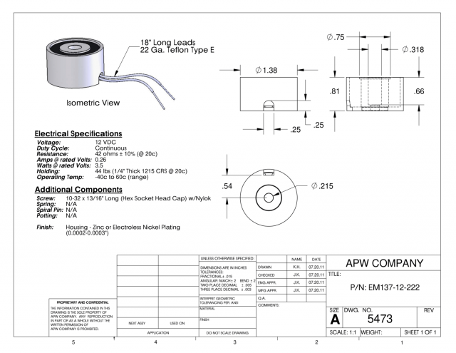 EM137-12-222 - Round Electromagnet 1.375 inch Dia. 12 volts DC - Holding 44 lbs. image 1