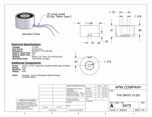 EM137-12-222 - Round Electromagnet 1.375 inch Dia. 12 volts DC - Holding 44 lbs. image 1