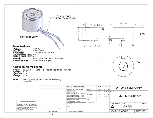 EM150-12-222 - Round Electromagnet 1.5 inch Dia. 12 volts DC - Holding 88 lbs. image 1