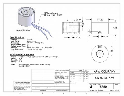 EM150-12-222 - Round Electromagnet 1.5 inch Dia. 12 volts DC - Holding 88 lbs. image 1