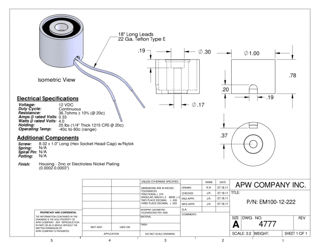 EM100-12-222 - Round Electromagnet 1 inch Dia. 12 volts DC - Holding 25 lbs. image 1