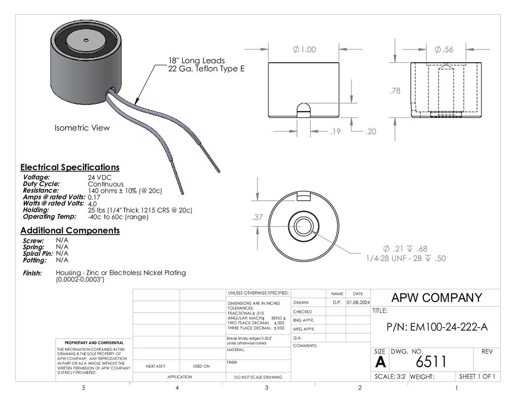 EM100-24-222-A - Round Electromagnet 1 inch Dia. 24 VDC - Holding 25 lbs. image 1