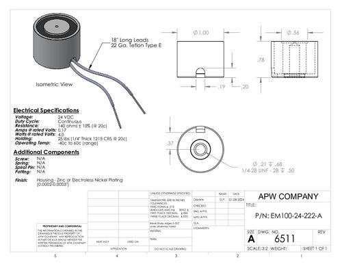 EM100-24-222-A - Round Electromagnet 1 inch Dia. 24 VDC - Holding 25 lbs. image 1