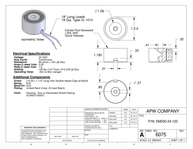 EM200-24-122 - Round Electromagnet 2 inch Dia. 24 volts DC - Holding 105 lbs. image 1