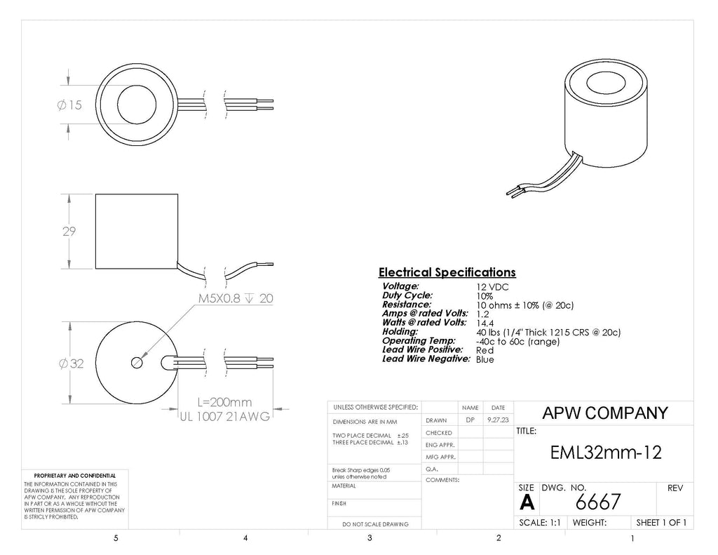 EML32mm-12 - Round Permanent Electromagnet 32 mm Dia. 12 volts DC - Holding 40 lbs. image 1