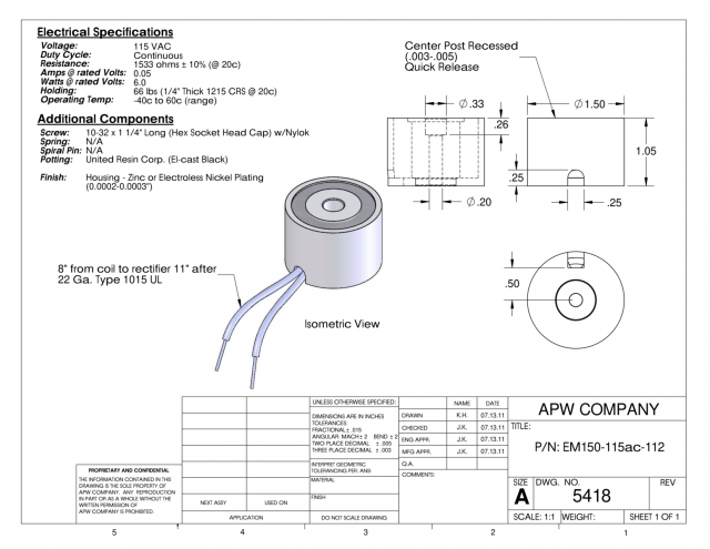 EM150-115ac-112 - Round Electromagnet 1.5 inch Dia. 115 volts AC - Holding 66 lbs. image 1
