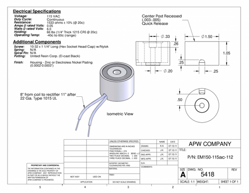 EM150-115ac-112 - Round Electromagnet 1.5 inch Dia. 115 volts AC - Holding 66 lbs. image 1