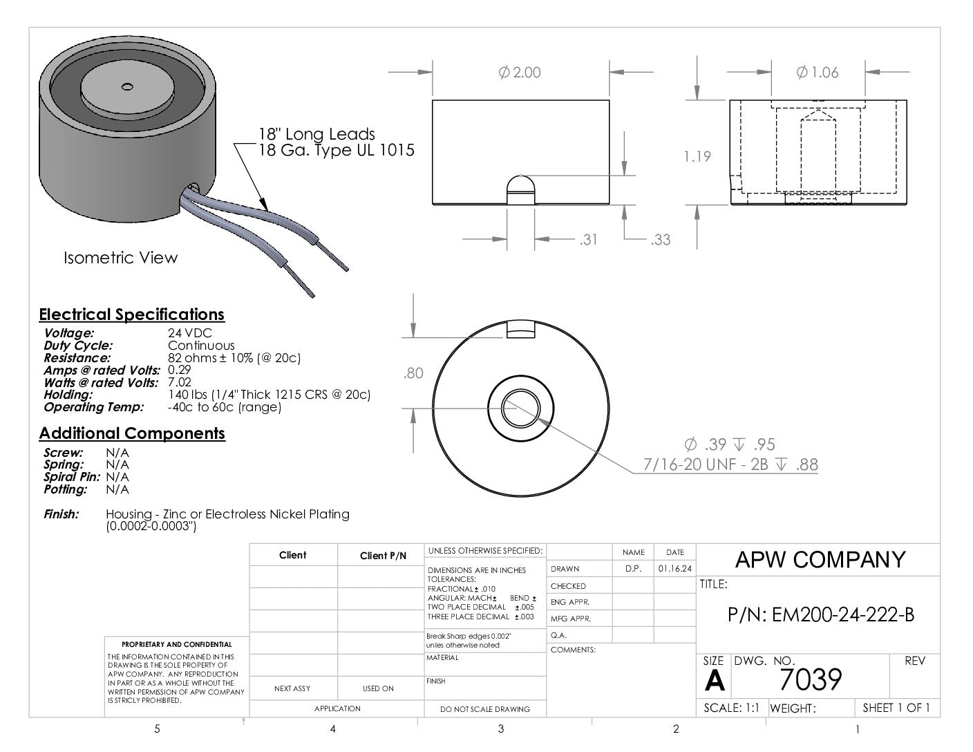 EM200-24-222-B - Round Electromagnet 2 inch Dia. 24 VDC - Holding 140 lbs. image 1