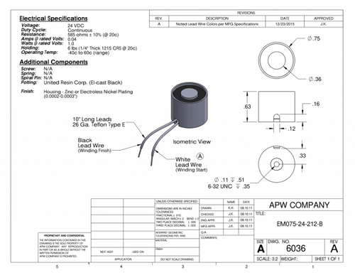 EM075-24-212-B - Round Electromagnet 0.75 inch Dia. 24 volts DC - Holding 6 lbs. image 1