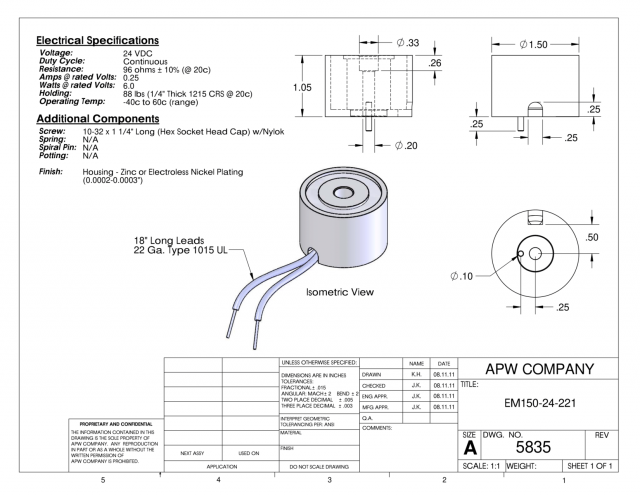 EM150-24-221 - Round Electromagnet 1.5 inch Dia. 24 volts DC - Holding 88 lbs. image 1
