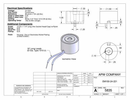 EM150-24-221 - Round Electromagnet 1.5 inch Dia. 24 volts DC - Holding 88 lbs. image 1