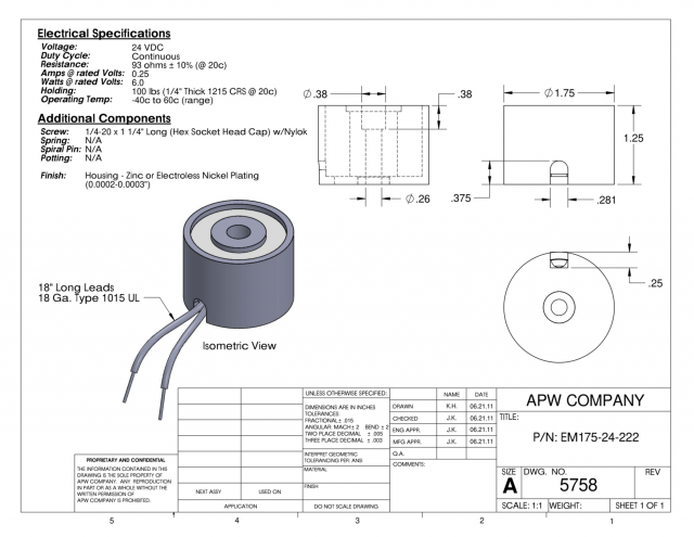 EM175-24-222 - Round Electromagnet 1.75 inch Dia. 24 volts DC - Holding 100 lbs. image 1