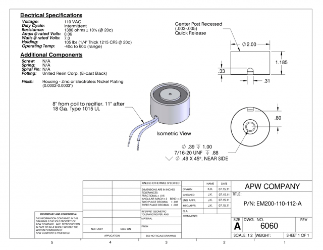 EM200-110ac-112-A - Round Electromagnet 2 inch Dia. 110 volts AC - Holding 105 lbs. image 1