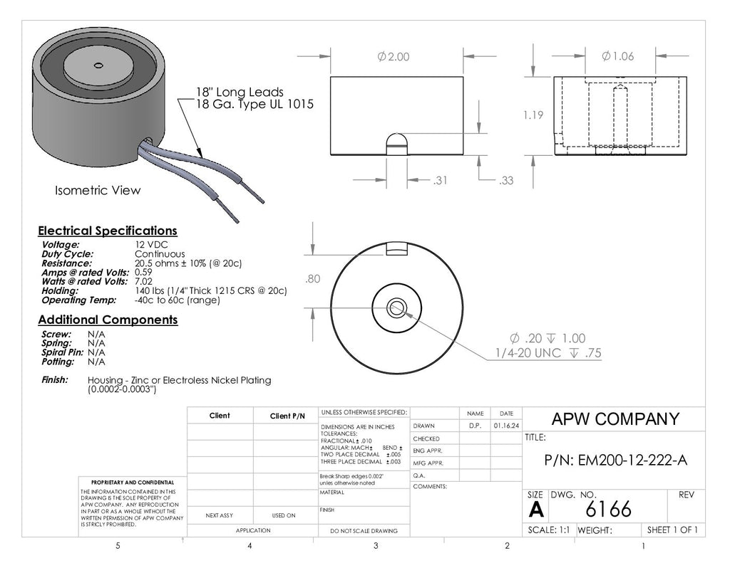 EM200-12-222-A - Round Electromagnet 2 inch Dia. 12 VDC - Holding 140 lbs. image 1