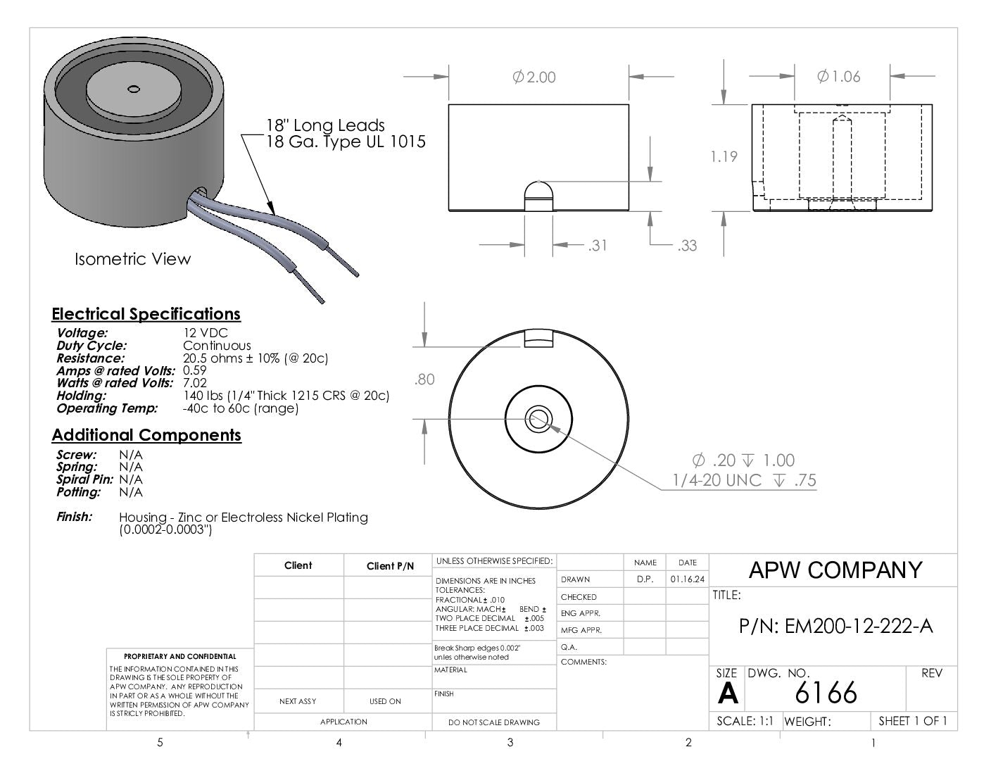 EM200-12-222-A - Round Electromagnet 2 inch Dia. 12 VDC - Holding 140 lbs. image 1