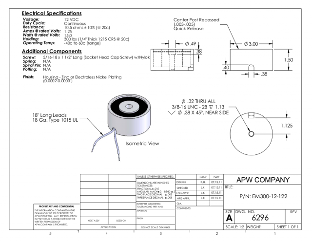 EM300-12-122 - Round Electromagnet 3 inch Dia. 12 volts DC - Holding 300 lbs. image 1