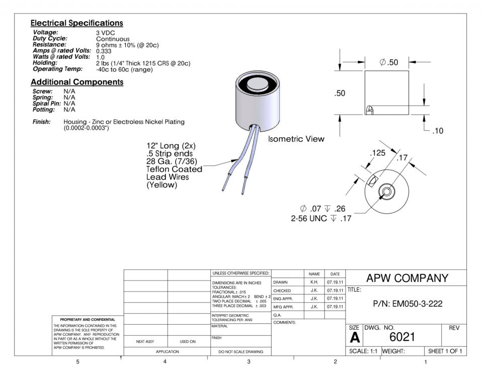 EM050-3-222 - Round Electromagnet 0.5 inch Dia. 3 volts DC - Holding 2 lbs. image 1